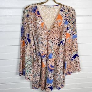 Daniel Rainn Multicolor Printed Crochet-Trim V-Neck Romper